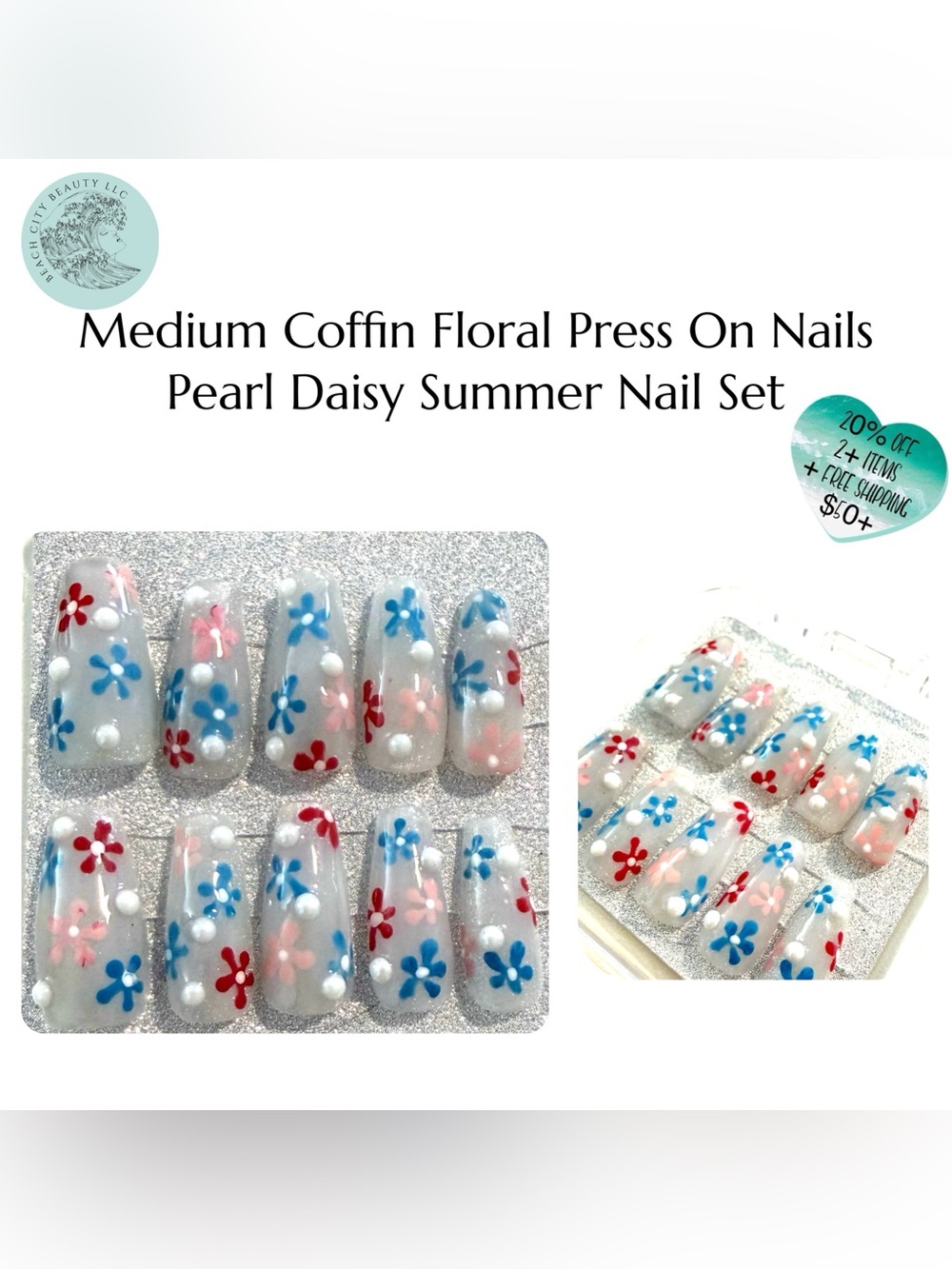 Medium Coffin Floral Press On Nails | Pearl Daisy Summer Nail Set
